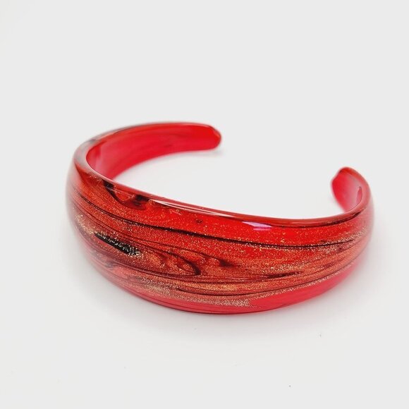 Gold Glitter & Black Swirl Abstract Murano Art Glass Handblown Cuff Bracelet - Picture 1 of 5